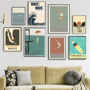 Vintage Maritime Surfing Beach Poster Abstract Female Diver Canvas Painting Swimming Pool Wall Art Picture for Room Home Deco