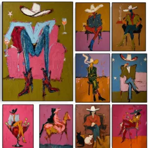 Abstract Western Cowgirl Canvas Painting Vintage Textured Faceless Western Cowboy Holding Cocktail Poster Bar Living Room Dec