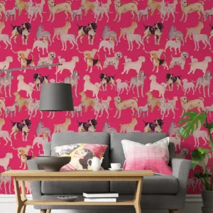 Pink Dogs Vinyl Peel And Stick Wallpaper Waterproof Self Adhesive Wall Cabinet Sticker Chic Animal Cute Kid Room Wall Decoration