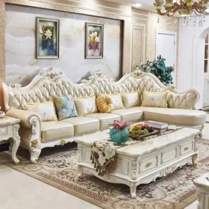 European Style L-shaped Sofa Set Leather Double-sided Carved Solid Wood French Corner Sofa for Living Room Small