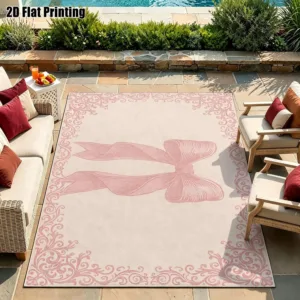1Pc 2D Printed Carpet with Pink Bow Decoration European Vintage Geometric Rug for Home Decor, Multi-Size, Machine Washable, Suitable for Entryway, Dining Room, Foyer, Bedroom, Living Room