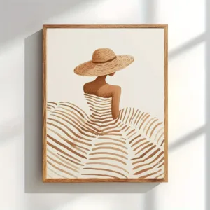 No frame)1pc Minimalist Woman with Sun Hat Canvas Poster, Frameless Neutral Bohemian Beige Wall Art Print for Bedroom, Livin