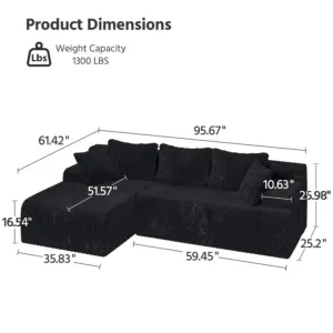 Modular Sectional Sofa, 96" Cloud Sofa L-Shaped Couch with Deep Seat and Plush Corduroy, Boneless Sectional Couch for, Custom
