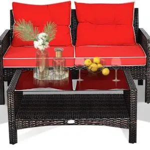 4-Piece Patio Furniture Set Outdoor Rattan Wicker Sofa Set with Cushions & Coffee Table, Conversation Sofa Set with Tempered Gla