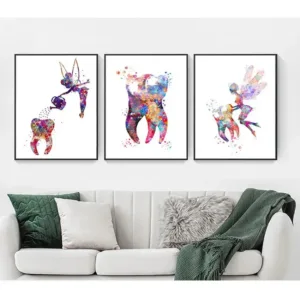 Dental Art Watercolor Canvas Print Teeth Wall Pictures Tooth Fairy Clinic Decor Hygienist Poster for Dental Office Home Decor