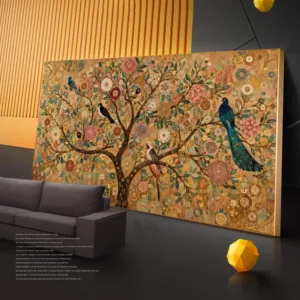 Gustav Klimt Style Tree Of Life Canvas Painting Golden Peony Colorful Birds Vintage Mosaic Texture Poster Luxury Wall Home Decor