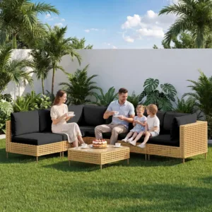 Handmade Rattan Outdoor Sectional Sofa Set with Fluffy Cushions & Coffee Table, 7-Piece, Beige Black, Customized