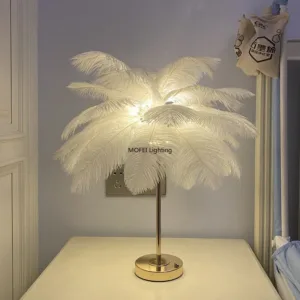 Rechargeable Portable Ostrich Feather Table Lamp Bedroom Bedside Lamp Creative Nordic Romantic Night Light Warm Home Decor LED
